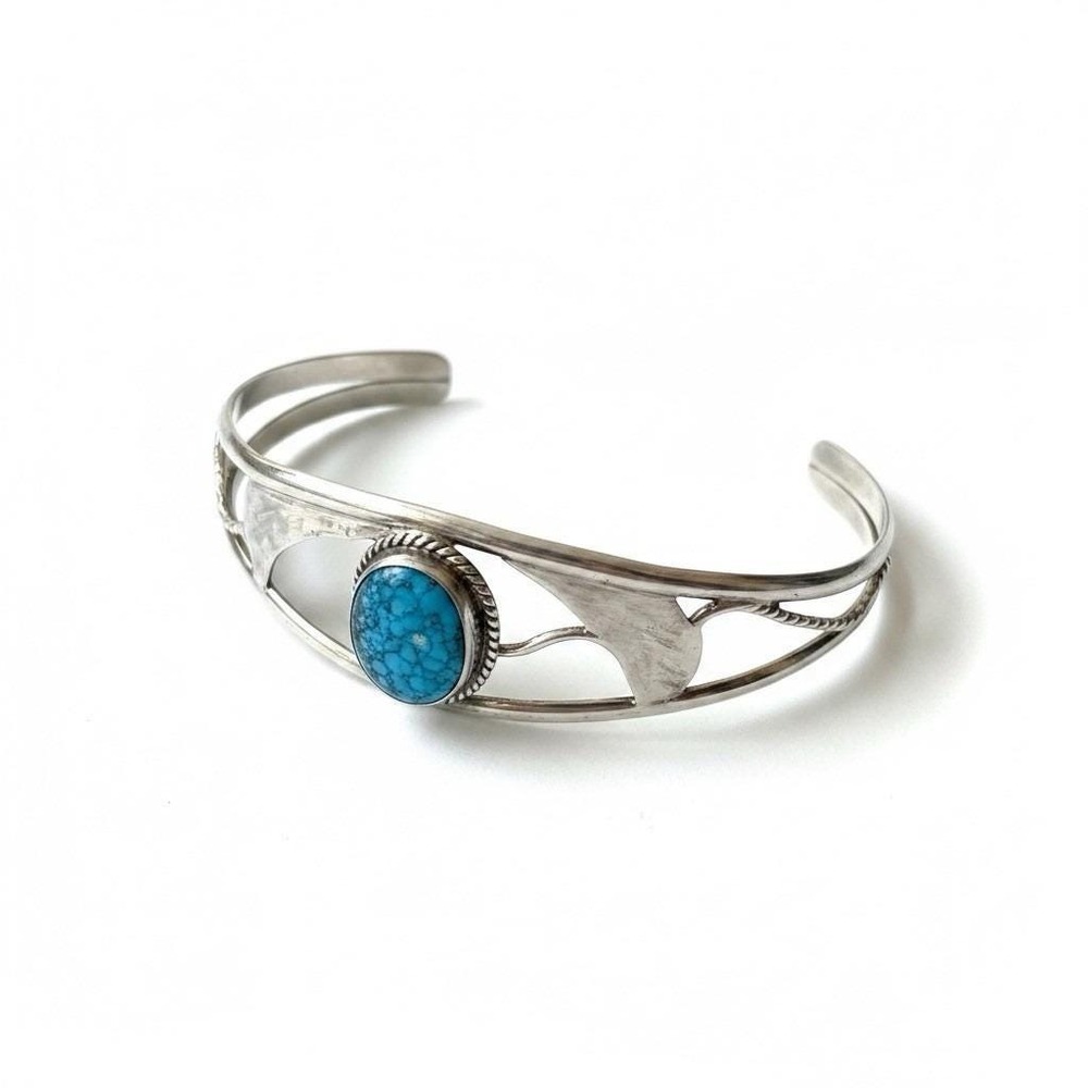 Handcrafted Sterling Cuff Bracelet w/ Turquoise Cabochon & Silver Leaves .925